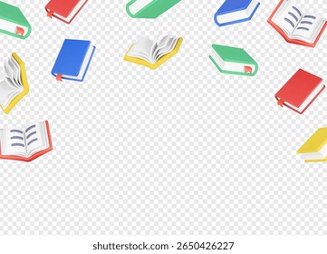 Livros que caem na ilustração vetorial para cabeçalho e faixa, plano de fundo da Educação de Aprendizagem. Voltar para elemento de estrutura de escola. Ícones de livro 3d