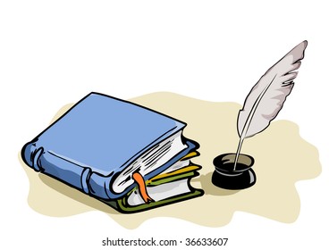 books and feather-pen