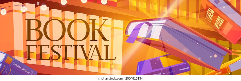 Books festival cartoon banner, glowing bestsellers flying over bookshelf. Fest event in bookstore or library. Closed and open volumes with colorful paperback floating in air vector web banner