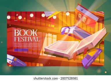 Books festival cartoon landing page, glowing bestsellers flying over bookshelf. Fest event in bookstore or library. Closed and open volumes with colorful paperback floating in air vector web banner