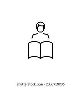 Bücher, Fiktion und Lesekonzept. Vektorgrafiken im Flachstil. Bearbeitbarer Strich. Zeilensymbol des gesichtslosen Menschen, der das Buch liest 
