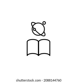 Books, fiction and reading concept. Vector sign drawn in modern flat style. High quality pictogram suitable for advertising, web sites, internet stores. Line icon of planet surrounded by satellites 