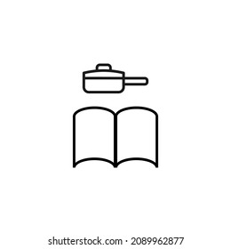 Books, fiction and reading concept. Vector sign drawn in modern flat style. Pictogram suitable for advertising, web sites, internet stores etc. Line icon of frying pan over book as symbol of cookbook 