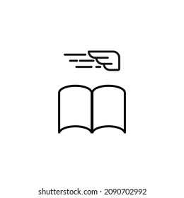 Books, fiction and reading concept. Vector sign drawn in modern flat style. High quality pictogram suitable for advertising, web sites, internet stores etc. Line icon of moving wing over book 
