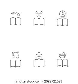 Books, fiction and reading concept. Vector illustrations in flat style. Editable strokes. Line icon set including icons of scales, paddles, astronaut, planet, chemical compound, mortar and pestle 

