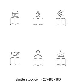 Books, fiction and reading concept. Vector illustrations in flat style. Editable strokes. Line icon set including icons of building, flame, gear, stars, reader, salt and pepper 
