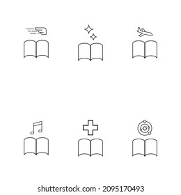 Books, fiction and reading concept. Vector illustrations in flat style. Editable strokes. Line icon set including icons of wing, star, airplane, medical cross, musical note, planets