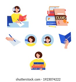 Books, fiction and textbooks store. Language skills reading, listening, speaking and writing. Simple colored graphic icons for courses and web store.