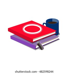 Books flash drive and cup of coffee. Cartoon colorful vector illustration