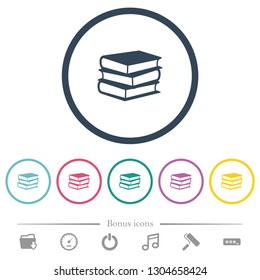 Books flat color icons in round outlines. 6 bonus icons included.