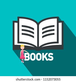 Books Flat Design Symbol. Open Book Vector Icon with Woman on Blue Background.
