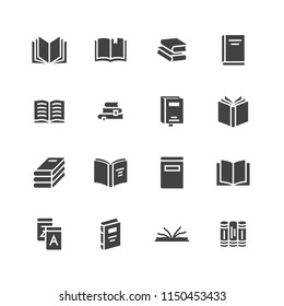 Books flat glyph icons. Reading, library, literature education vector illustrations. Signs for e-book store, textbook, encyclopedia. 