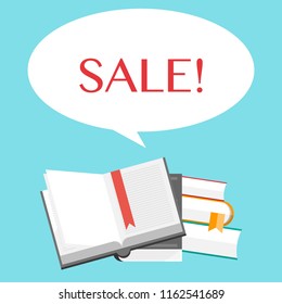 Books  flat icon, speech bubble with SALE. Vector Illustration. Concept of education and back to school.