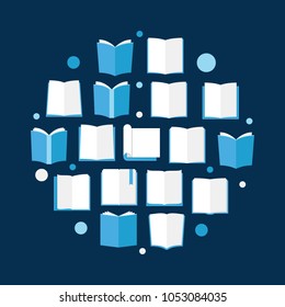 Books flat illustration. Vector circular sign made with blue book flat icons on dark background