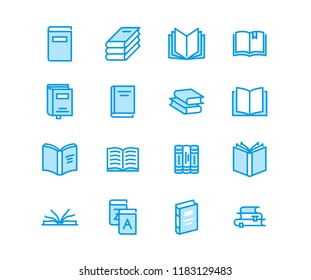 Books flat line icons. Reading, library, literature education illustrations. Thin signs for e-book store, textbook, encyclopedia. Pixel perfect 64x64. Editable Strokes.