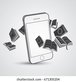 Books flies into smartphone. Reading books on smartphone. Library in pocket. E-reading. Downloading uploading files.