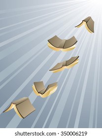 Books Flight-Group of text books flying high towards the light