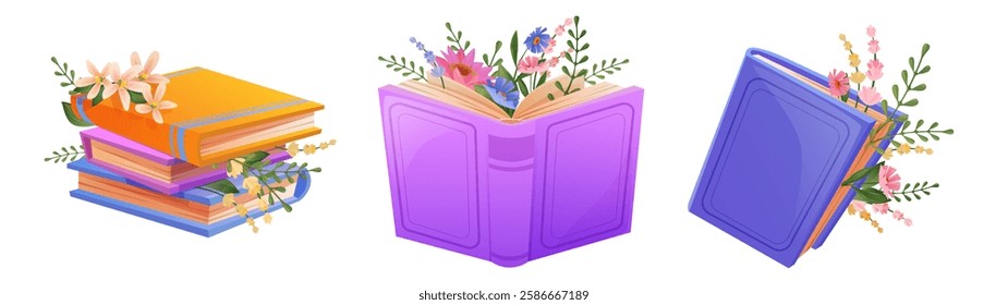 Books with flower bouquets set isolated on white background. Vector cartoon illustration of paper literature with color covers, beautiful floral bunches on pages, reading hobby, bookstore stickers