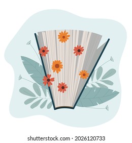 A books with flowers between pages. Read books lover. Education, literacy day concept. Book swap, bookstore, library vector illustration