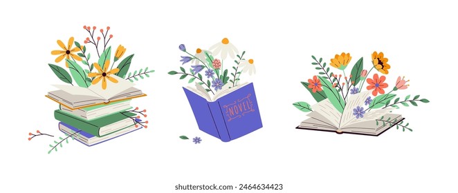 Libros con flores ramos 2D lineal dibujos animados conjunto. Literatura con flora floreciente línea aislada Elementos de Vector fondo blanco