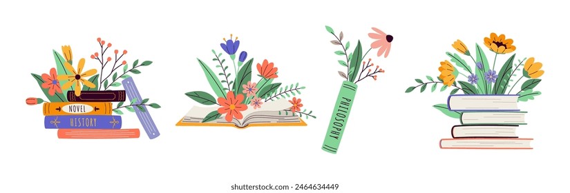 Books with flowers bouquets 2D linear cartoon objects set. Literature with blooming flora isolated line vector elements white background
