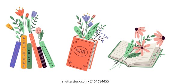 Books with flowers bouquets 2D linear cartoon objects set. Literature with blooming flora isolated line vector elements white background