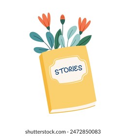 Books with flowers flat icon. Cartoon floral decorations. Wildflowers decor for literature. Poppy, sunflower, forget-me-not, cornflower bouquet on poetry book. Color isolated illustrations