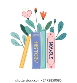 Books with flowers flat icon. Cartoon floral decorations. Wildflowers decor for literature. Poppy, sunflower, forget-me-not, cornflower bouquet on poetry book. Color isolated illustrations