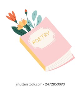 Books with flowers flat icon. Cartoon floral decorations. Wildflowers decor for literature. Poppy, sunflower, forget-me-not, cornflower bouquet on poetry book. Color isolated illustrations