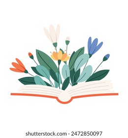 Books with flowers flat icon. Cartoon floral decorations. Wildflowers decor for literature. Poppy, sunflower, forget-me-not, cornflower bouquet on poetry book. Color isolated illustrations