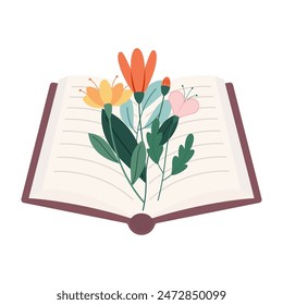 Libros con flores icono plano. Decoraciones florales de dibujos animados. Decoración de flores silvestres para la literatura. Amapola, girasol, no me olvides, ramo de flores de maíz en poesía. Ilustraciones aisladas en color