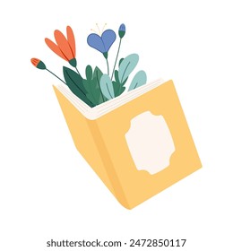 Books with flowers flat icon. Cartoon floral decorations. Wildflowers decor for literature. Poppy, sunflower, forget-me-not, cornflower bouquet on poetry book. Color isolated illustrations