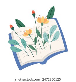 Books with flowers flat icon. Cartoon floral decorations. Wildflowers decor for literature. Poppy, sunflower, forget-me-not, cornflower bouquet on poetry book. Color isolated illustrations