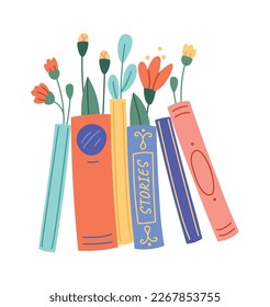 Books with flowers flat icon Floral decor Wildflowers bouquet. Vector illustration