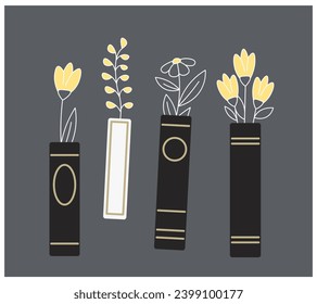 Books with flowers. Set of stickers with textbooks and blooming bouquet of wildflowers growing from them. Reading literature and learning. Cartoon flat vector illustration isolated on gray background