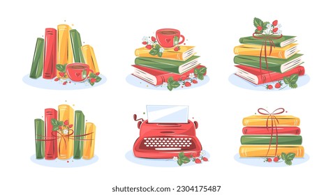 Books with flowers and strawberries on white background. Set of reading elements for  bookshop, library, bookstore or education. Vector illustration on white background