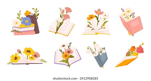 Books and flowers. Wildflowers bouquet for good romantic literature poetry, romance novels. Tulips and roses snowdrops and daisies cornflowers decorate open book. Vector set. Floral blossom