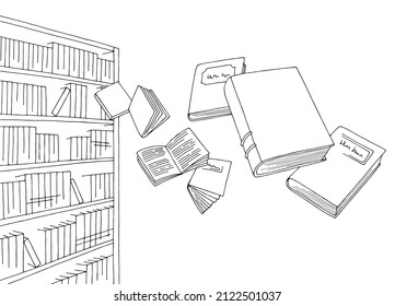 Books fly off the shelves in the library graphic black white sketch illustration vector 