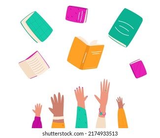 Books Fly From Top To Bottom Into The Hands Of Buyers. Book Sale Advertisement. The Concept Of The Hands Of Different People Are Reaching For Books, Knowledge. Flat Vector Illustration.