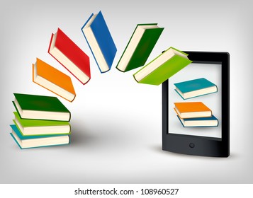 Books flying in a e-book. Vector illustration.