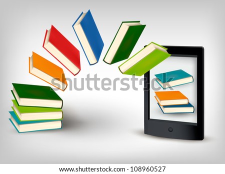 Books flying in a e-book. Vector illustration.