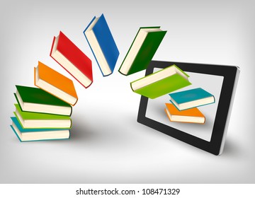 Books flying in a tablet. Vector illustration.