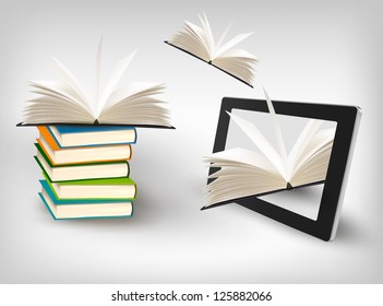 Libros volando en una tableta. Ilustración del vector