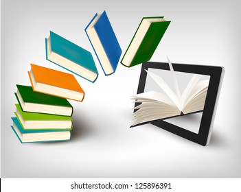 Books flying in a tablet. Vector illustration.