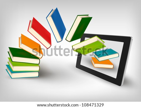 Books flying in a tablet. Vector illustration.