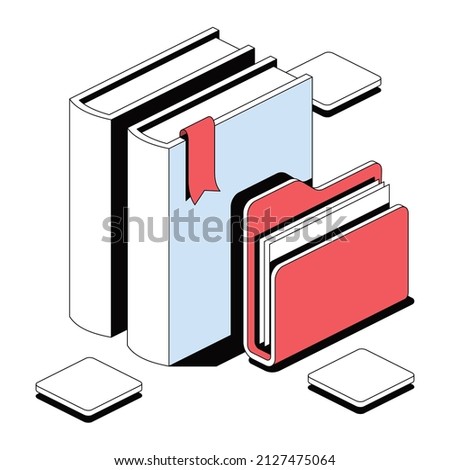 Books folder. Vector 3d sketch line isometric style, color icon illustration. Creative design idea and infographics elements.