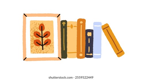 Books and framed picture. Literature spines, volumes standing, home library. Autumn leaf, upright textbooks, novels for reading, education. Flat vector illustration isolated on white background