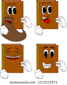 Books gesturing a small amount with hand. Cartoon book collection with happy faces. Expressions vector set.