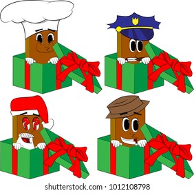 Books in a gift box. Cartoon book collection with costume faces. Expressions vector set.