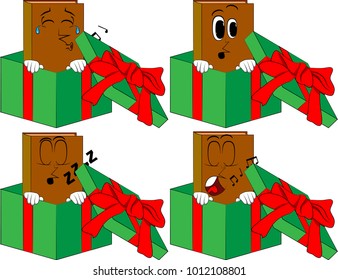 Books in a gift box. Cartoon book collection with various faces. Expressions vector set.